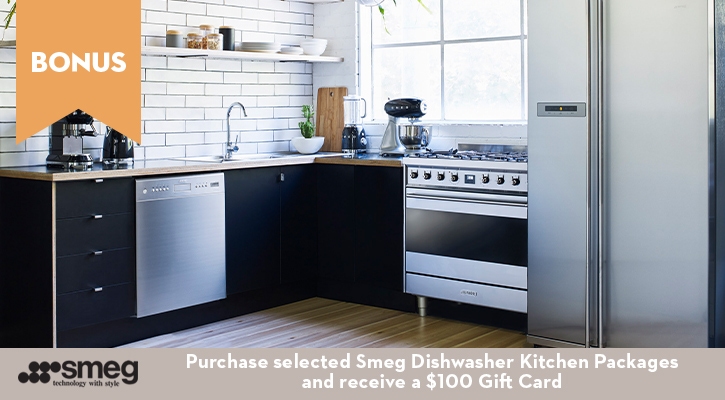 Purchase selected Smeg Dishwasher Kitchen Packages and receive a Bonus $100 Gift Card